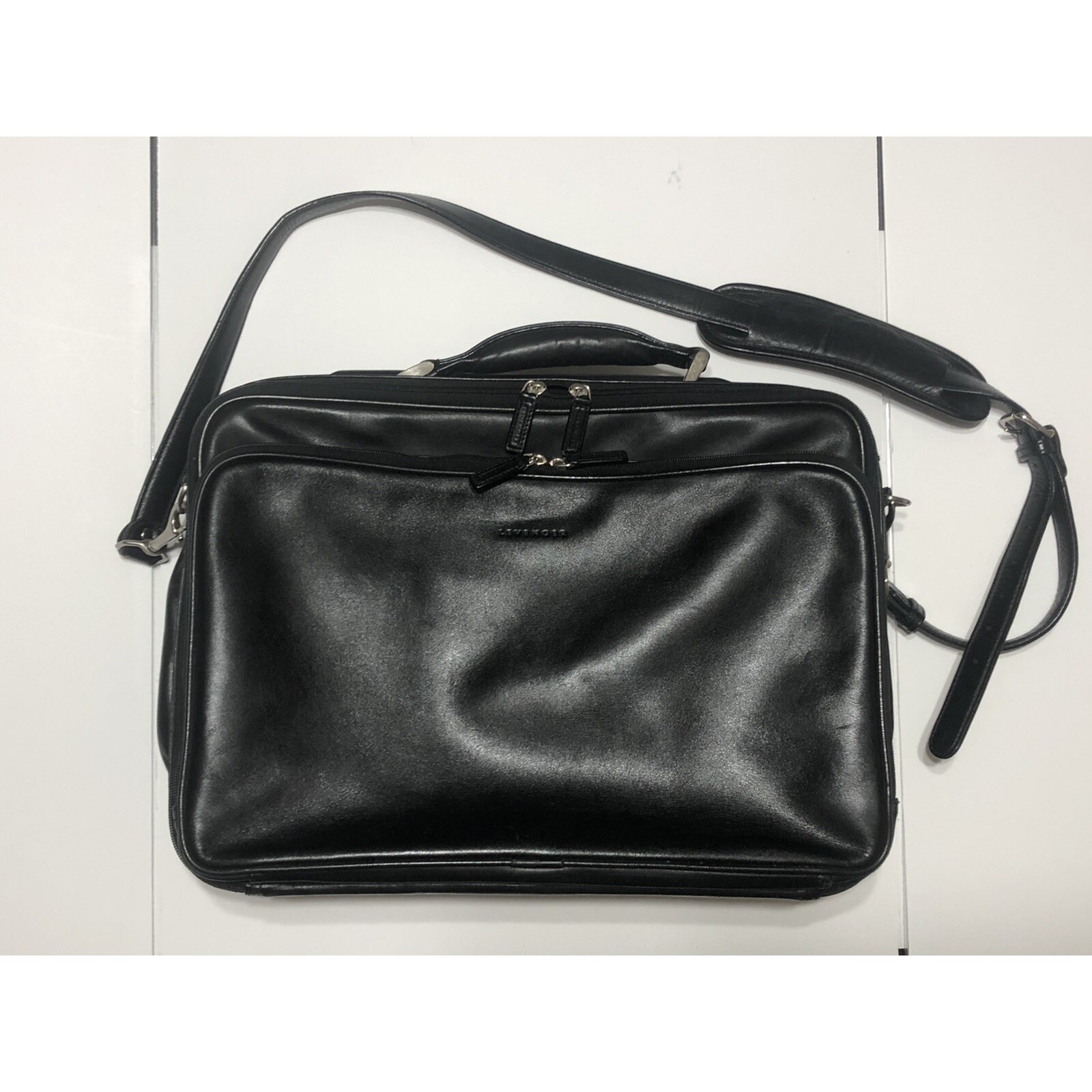 Levenger Black Leather Laptop Expandable Briefcase Silver Nickle Hard Ware Usa
